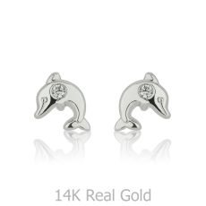 14K White Gold Kid's Stud Earrings - Sparkling Dolphin