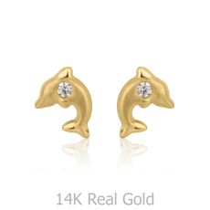 14K Yellow Gold Kid's Stud Earrings - Leaping Dolphin