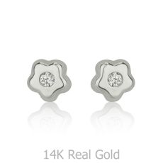 14K White Gold Kid's Stud Earrings - Tiny Sparkling Flower