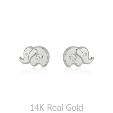 14K White Gold Kid's Stud Earrings - Sparkling Elephant