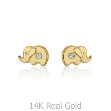 14K Yellow Gold Kid's Stud Earrings - Sparkling Elephant