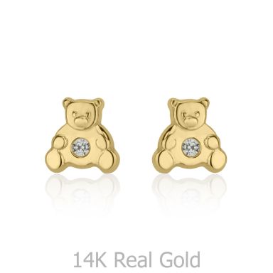 14K Yellow Gold Kid's Stud Earrings - Sparkling Teddy