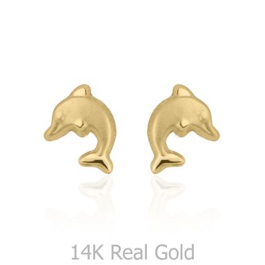 14K Yellow Gold Kid's Stud Earrings - Leaping Dolphin