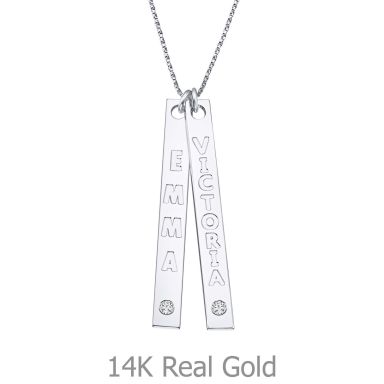 Bar Necklace with Personalized Engraving, in White Gold with Diamonds