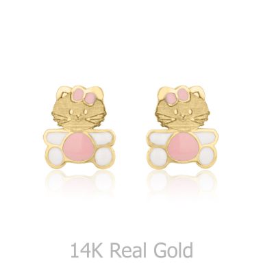 14K Yellow Gold Kid's Stud Earrings - Kitty Kat