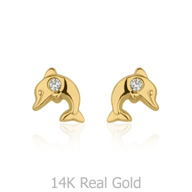 14K Yellow Gold Kid's Stud Earrings - Smiling Dolphin