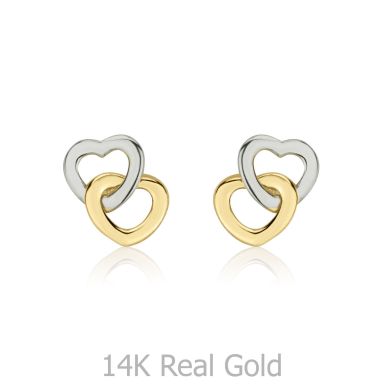 14K White & Yellow Gold Kid's Stud Earrings - Hearts Intertwined