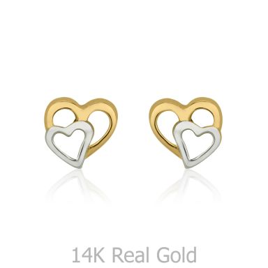 14K White & Yellow Gold Kid's Stud Earrings - Joined Hearts