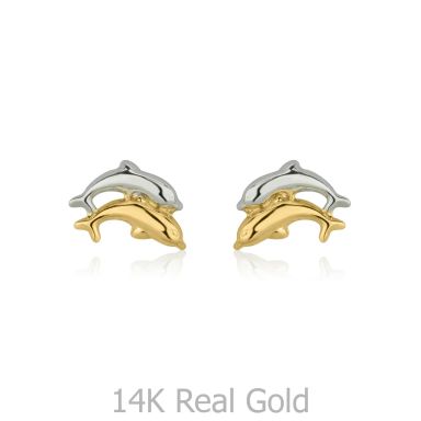 14K White & Yellow Gold Kid's Stud Earrings - Leaping Dolphin