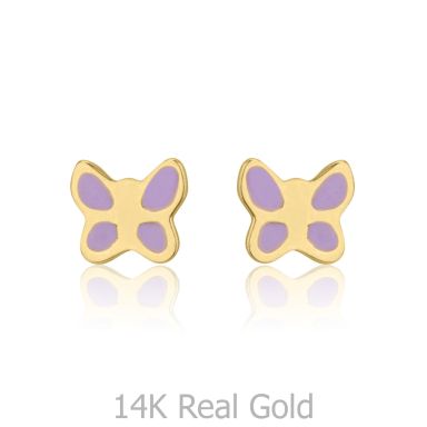 14K Yellow Gold Kid's Stud Earrings - Lilac Butterfly