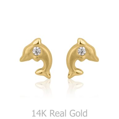 14K Yellow Gold Kid's Stud Earrings - Leaping Dolphin