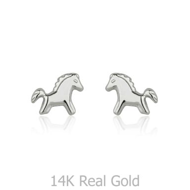 14K White Gold Kid's Stud Earrings - Pony