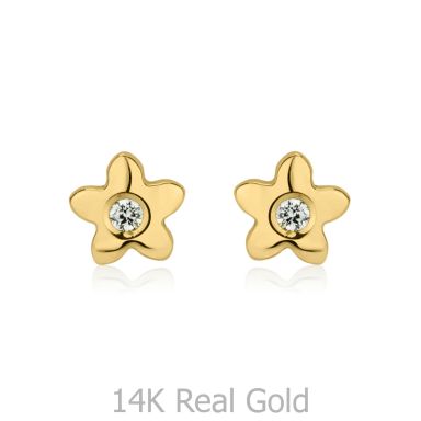 14K Yellow Gold Kid's Stud Earrings - Sparkling Flower - Yellow