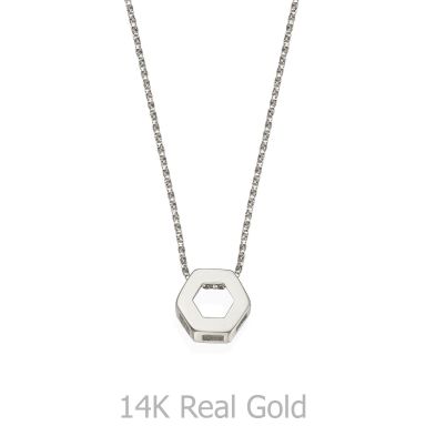 Pendant and Necklace in 14K White Gold - Golden Hexagon