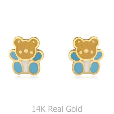 14K Yellow Gold Kid's Stud Earrings - Colorful Teddy - Blue