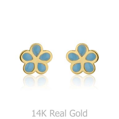 14K Yellow Gold Kid's Stud Earrings - Flowering Daisy - Blue