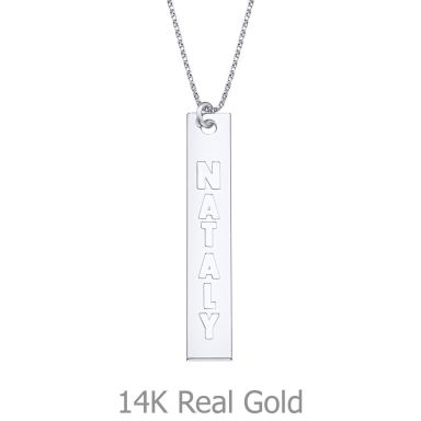 Vertical Bar Necklace with Name Engraving, in White Gold