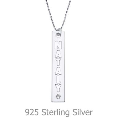 Vertical Bar Necklace with Name Engraving, in 925 Silver with a Diamond