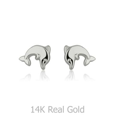 14K White Gold Kid's Stud Earrings - Joyous Dolphin